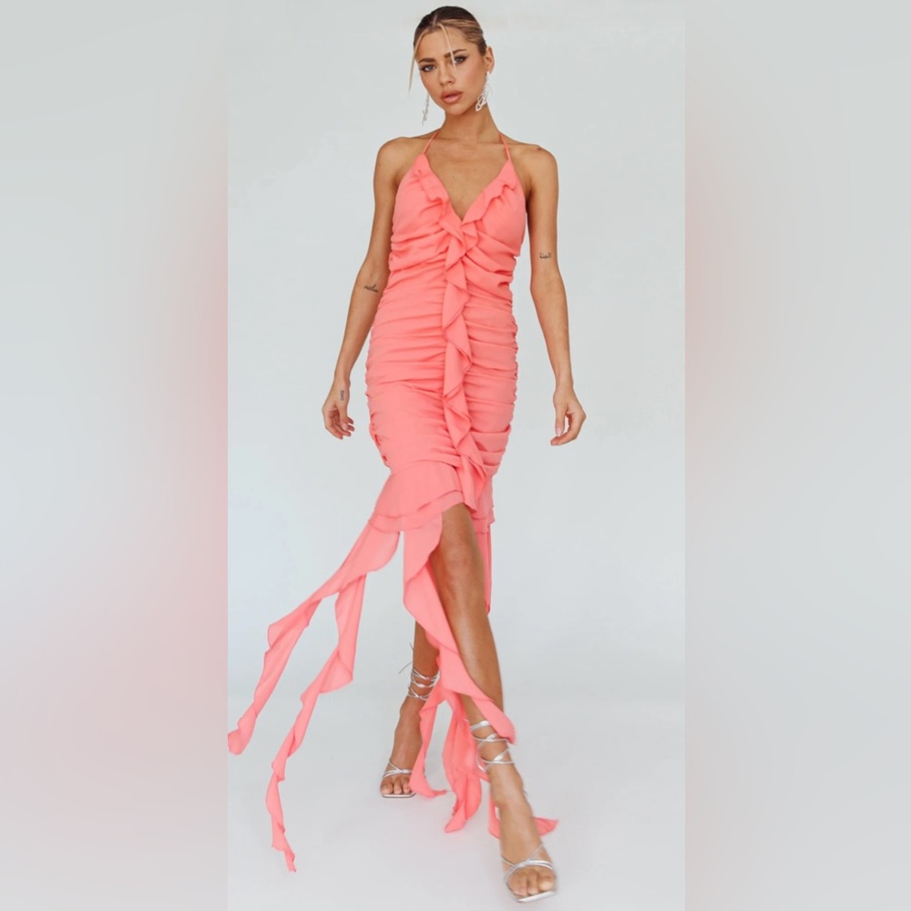 NWT Selfie Leslie Sleeveless Get Obsessed Ruffle Train Mini Dress in Guava TB6